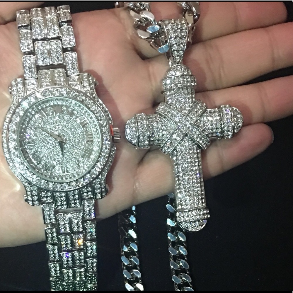 Silver Finished Watch&30 inch Cuban Chain&CROSS
